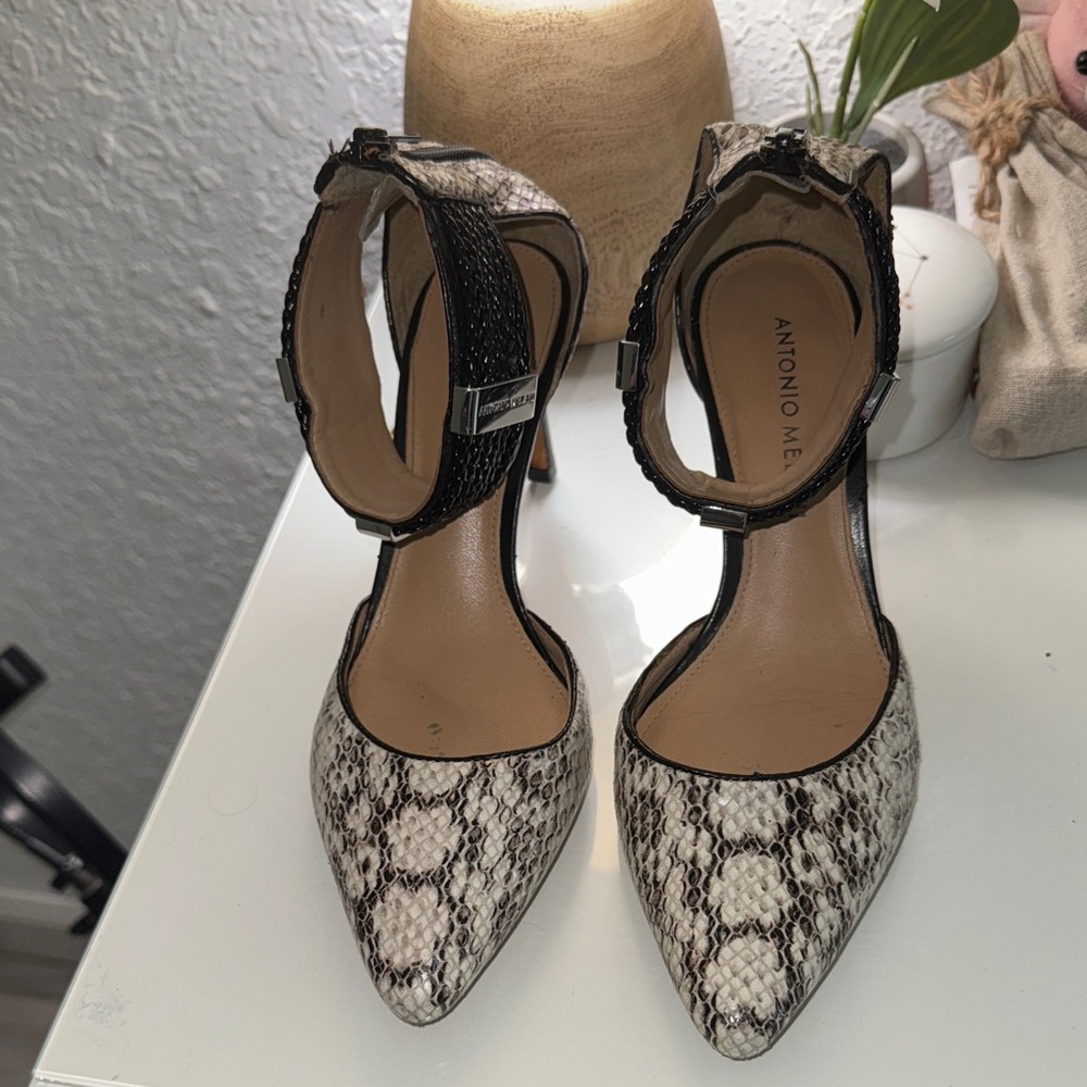 Antonio Melani Black and Cream Snakeskin Heels